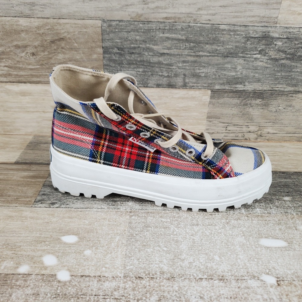 Superga 2795 Tartan Womens Shoes Sz 6.5 White Plaid Lace-Up High Top Sneakers